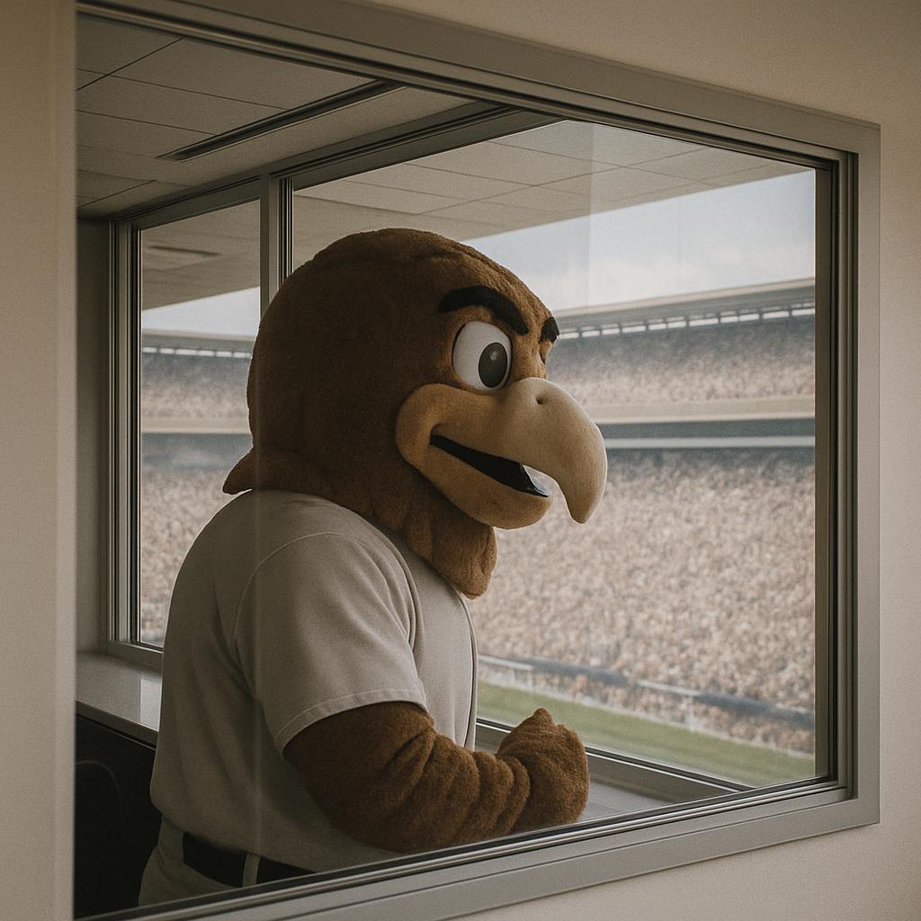 A person wearing a brown eagle mascot costume is looking out a window at a crowded stadium.