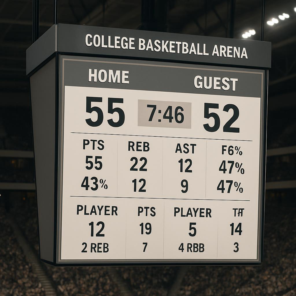 A scoreboard for a college basketball game, likely displayed at the College Basketball Arena on the home team's end. The s...